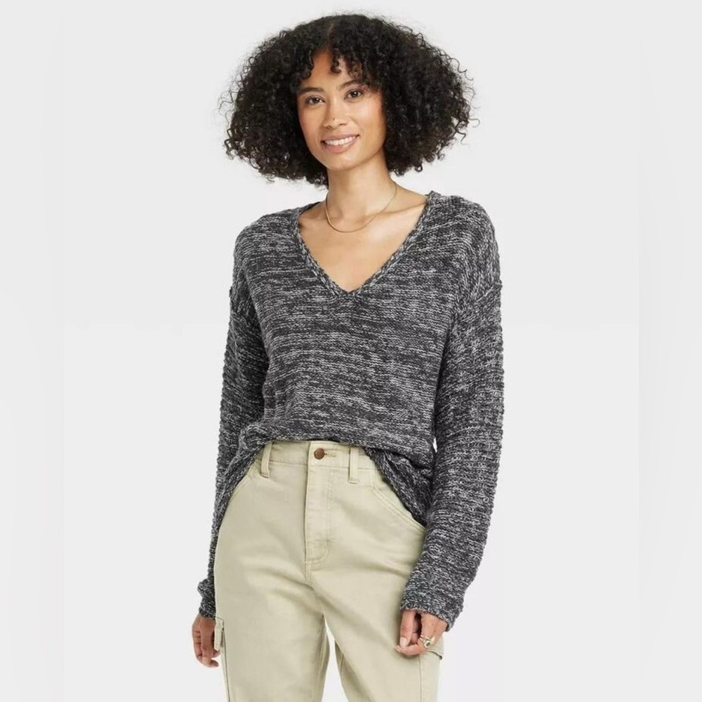 Gray Deep V-Neck Marled Sweater